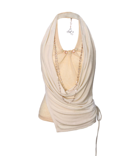 Draped Halter Top with Pearl Chain Detail