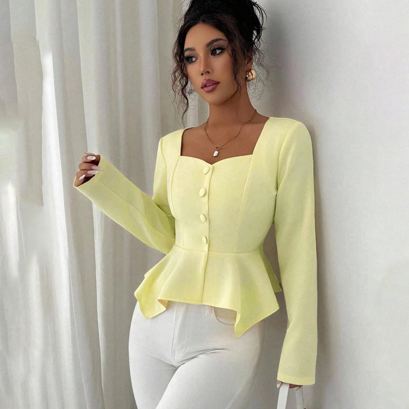 Long Sleeve Peplum Blouse with Square Neckline