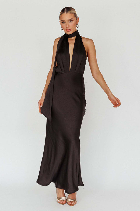 Satin Halter Maxi Dress with Scarf Tie