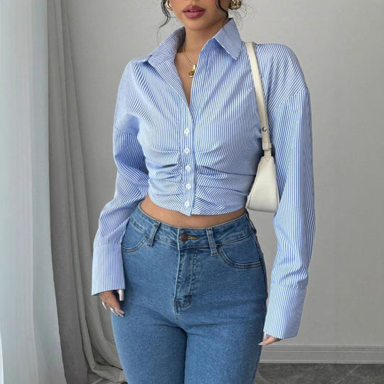 Striped Ruched Button-Up Crop Shirt