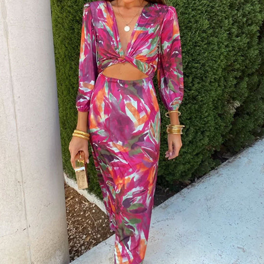 Tropical Print Cut-Out Maxi Dress with Long Sleeves