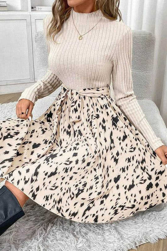 Ribbed Knit Patchwork Printed Belted A-Line Dress