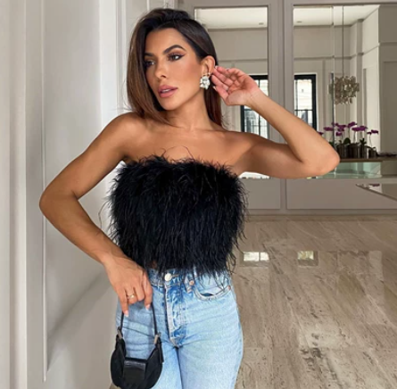 Black Feather Strapless Crop Top