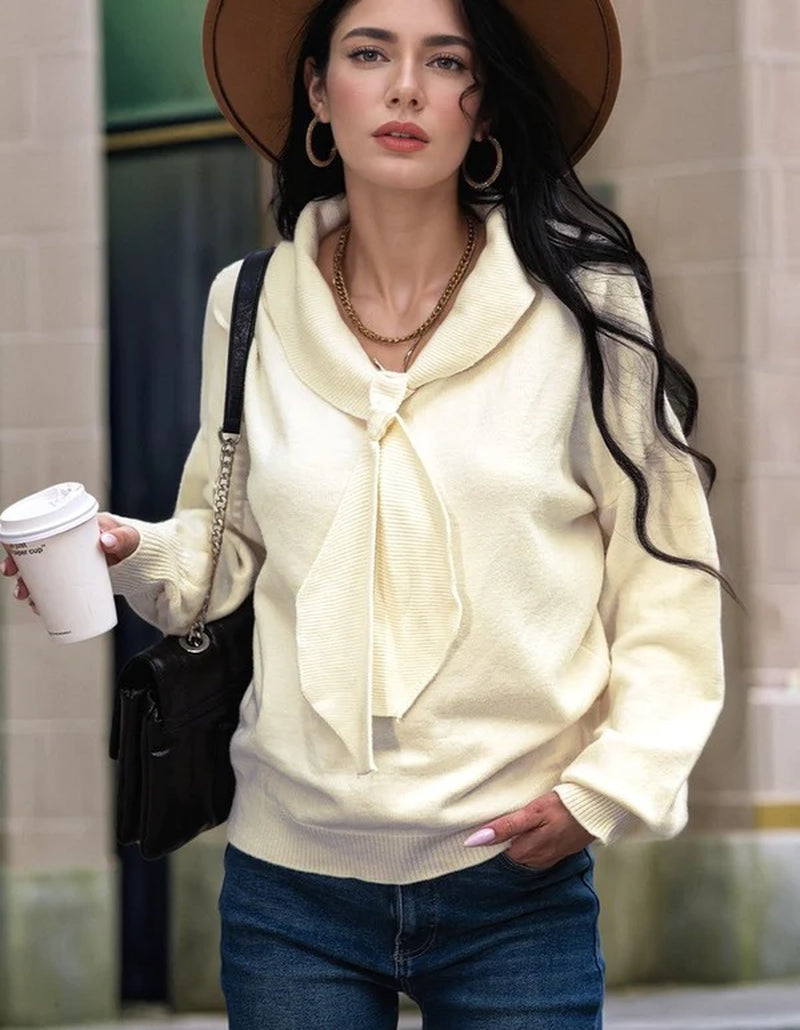 Contrast Trim Tie Neck Knit Top