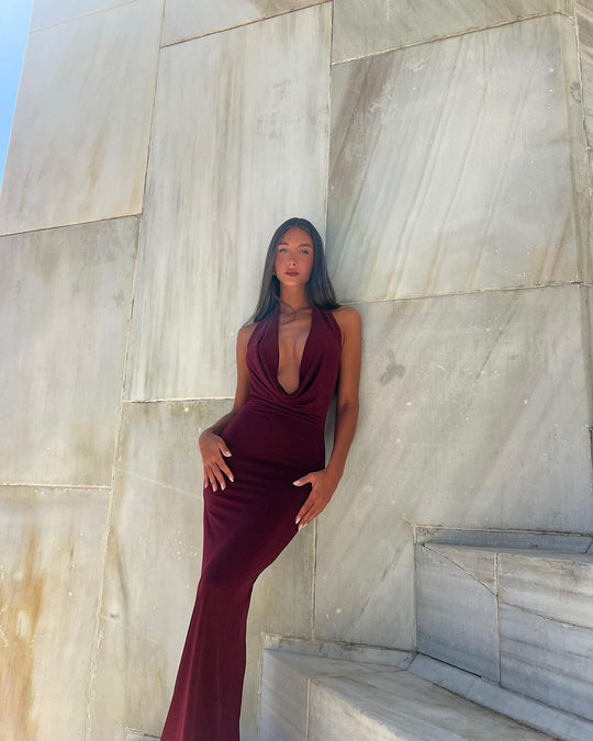 Black Deep Plunge Halter Maxi Dress