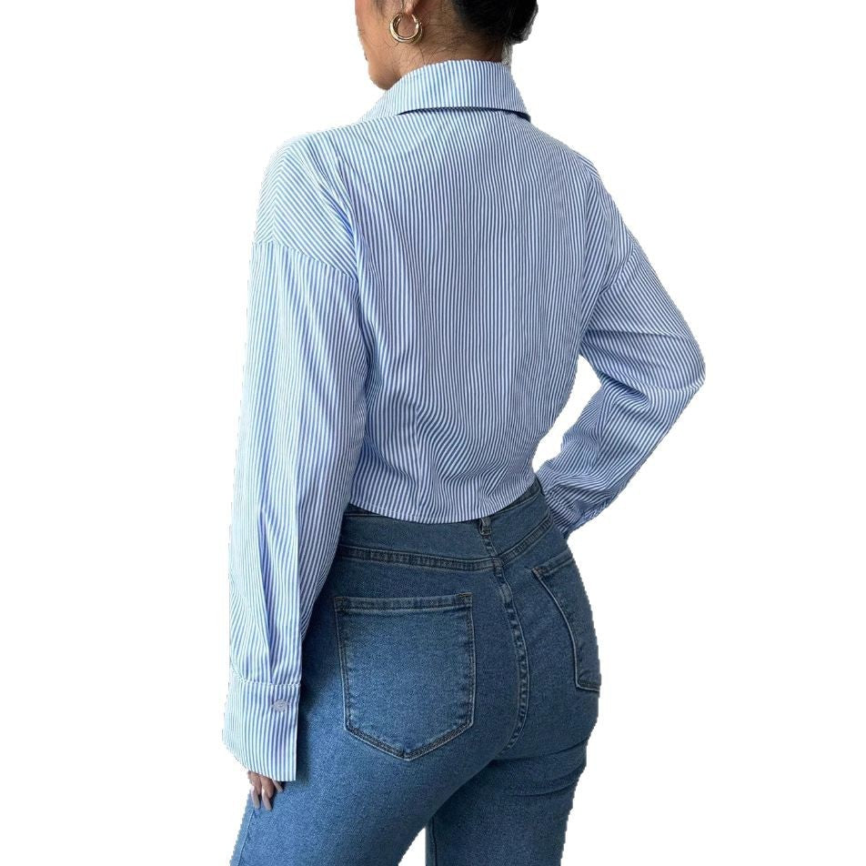 Striped Ruched Button-Up Crop Shirt