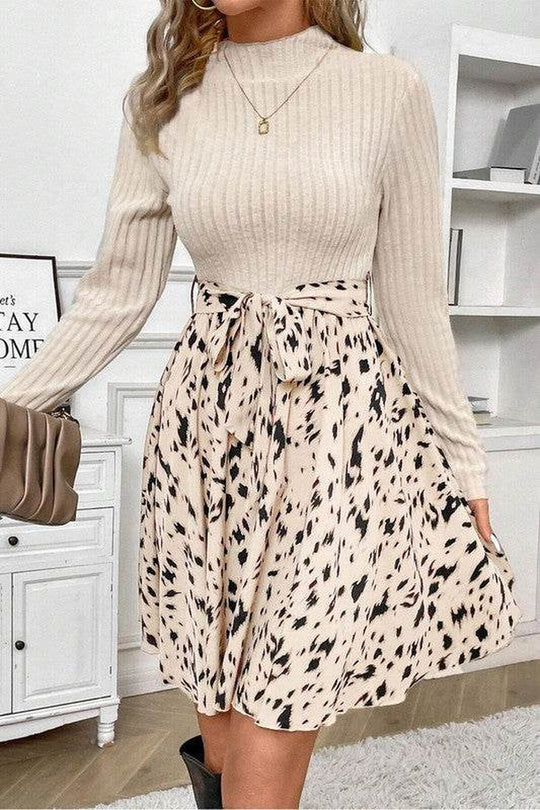 Ribbed Knit Patchwork Printed Belted A-Line Dress