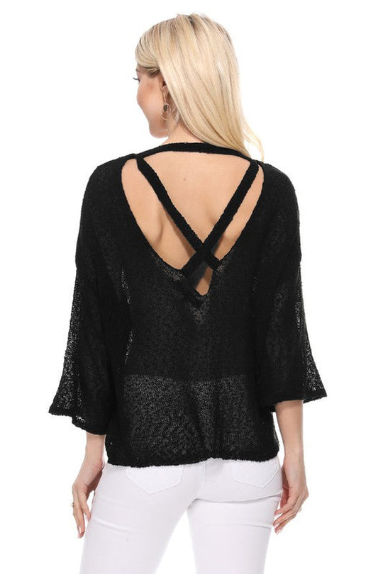 Open Back Sheer Stretch Knit Top