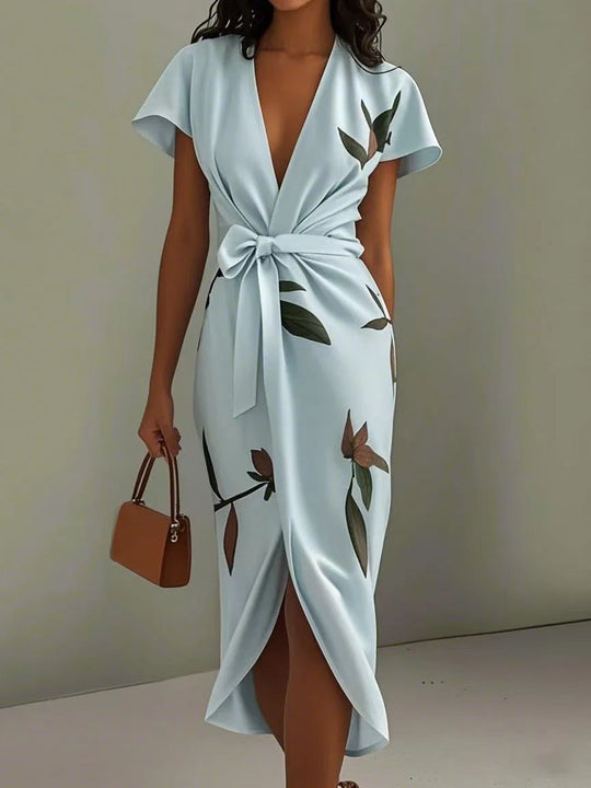 Floral Print Midi Wrap Dress with Waist Tie