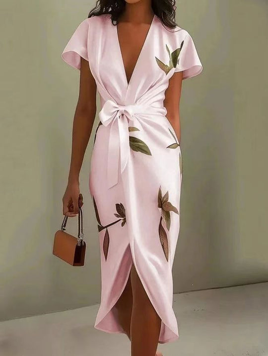 Floral Print Midi Wrap Dress with Waist Tie