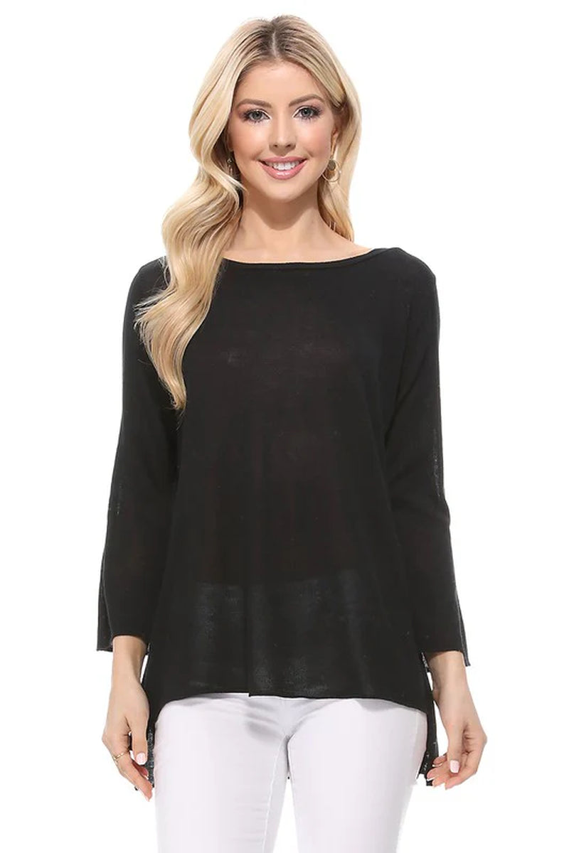 Semi See-Through Boat Neck Hi-Low Knit Top