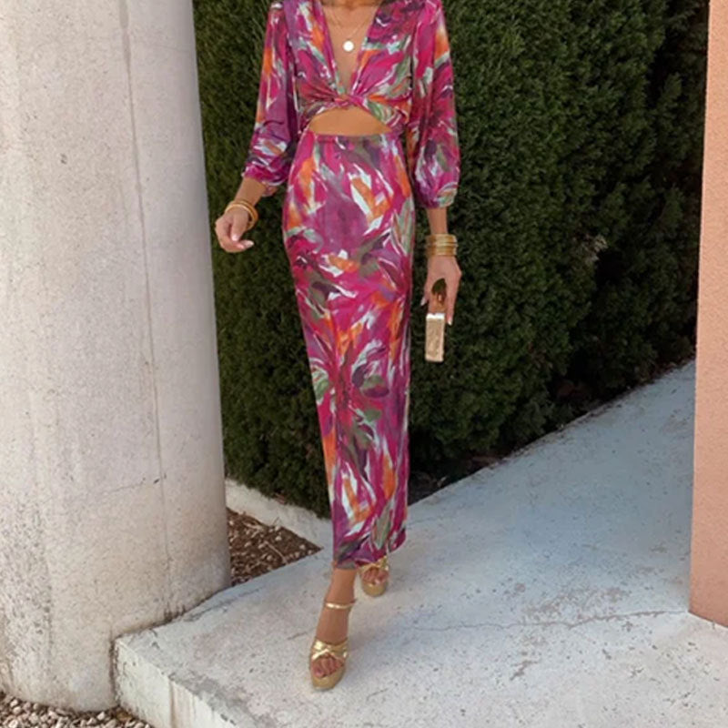 Tropical Print Cut-Out Maxi Dress with Long Sleeves