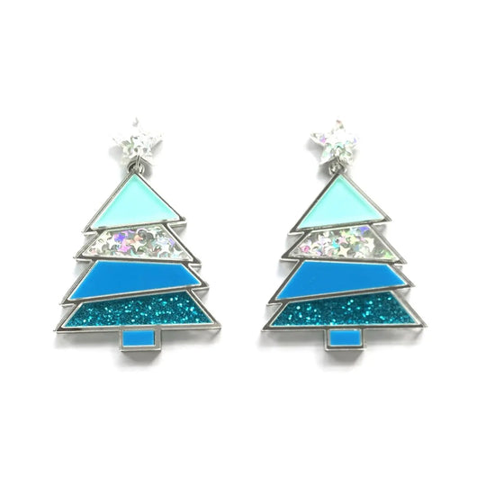 Star Blue Christmas Tree Earrings