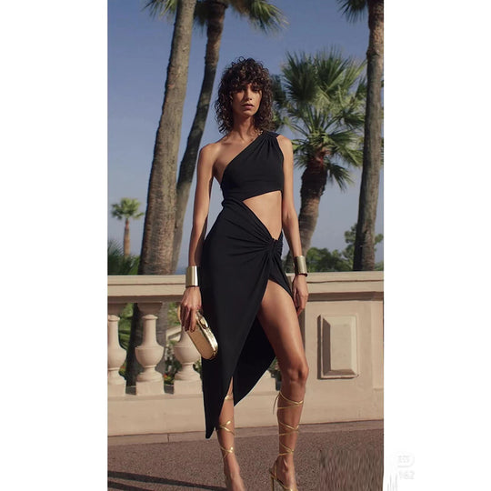 One-Shoulder Black Cut-Out Dress
