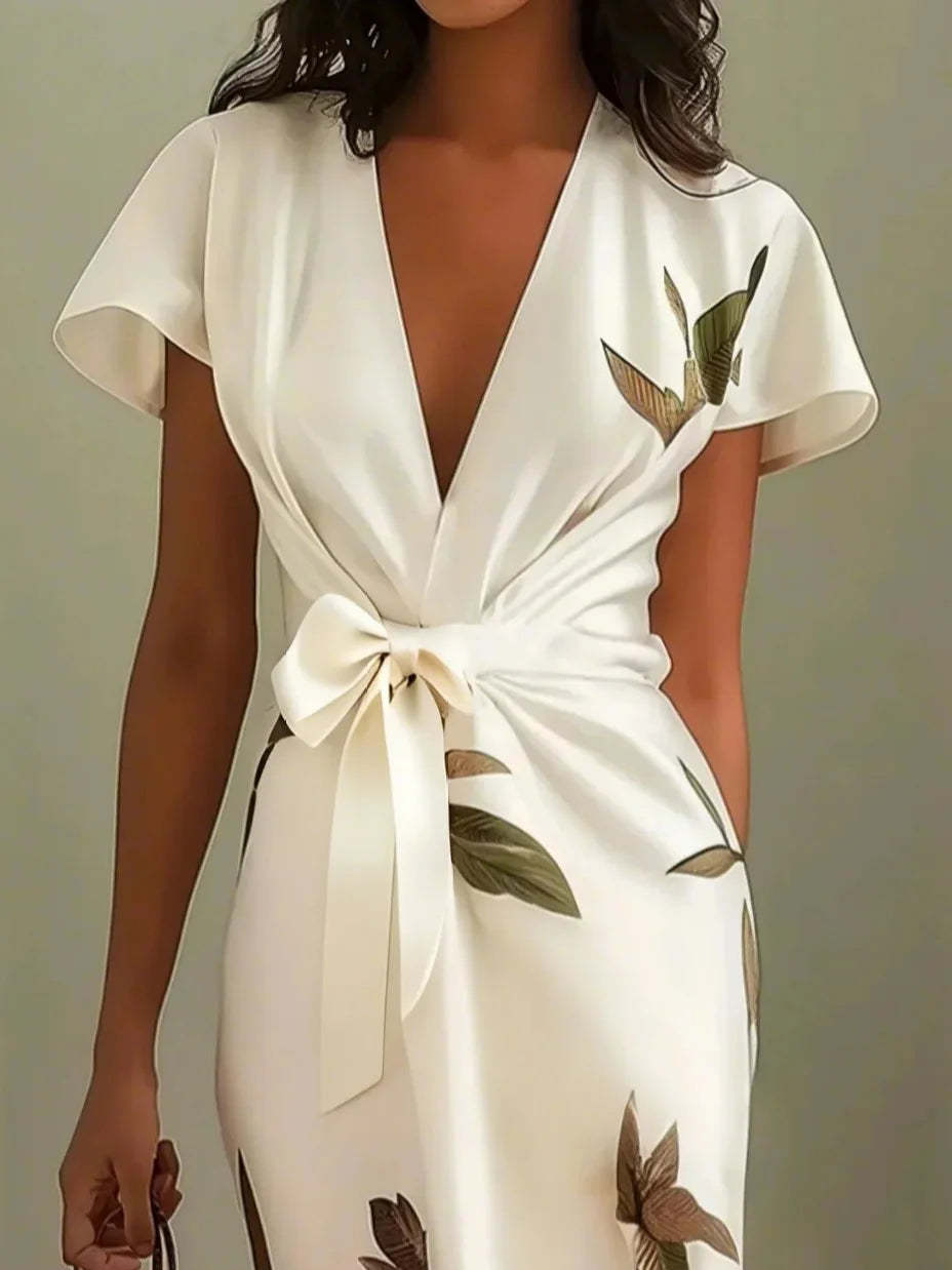 Floral Print Midi Wrap Dress with Waist Tie