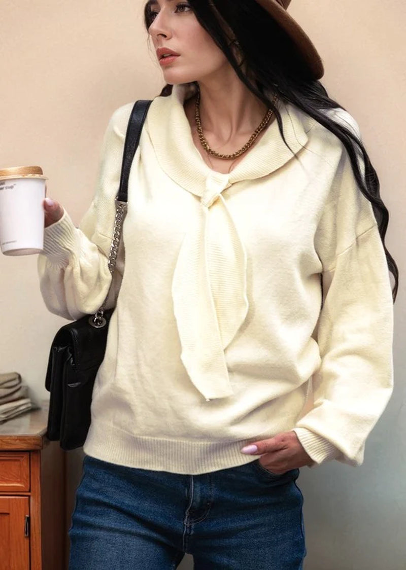 Contrast Trim Tie Neck Knit Top