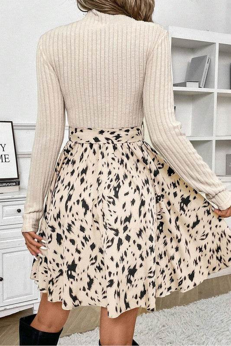 Ribbed Knit Patchwork Printed Belted A-Line Dress