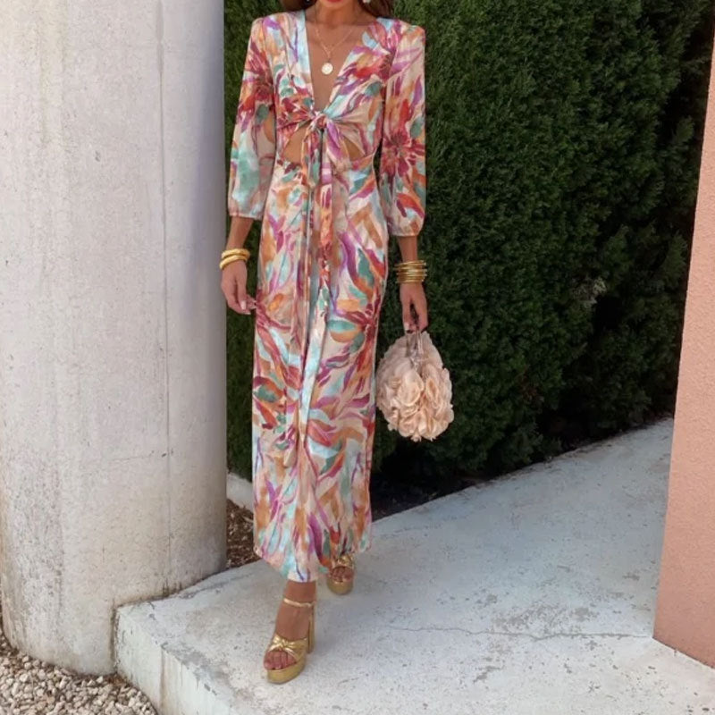 Tropical Print Cut-Out Maxi Dress with Long Sleeves