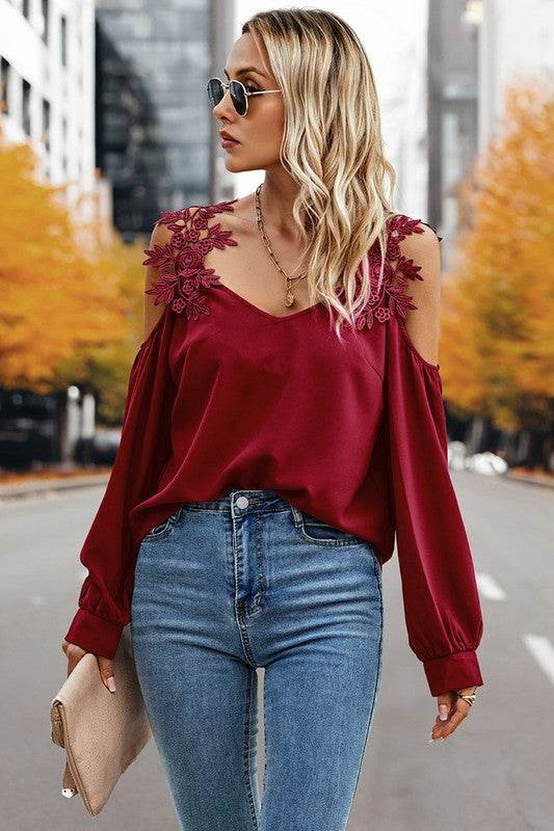 Contrast Low Back Lace Cold Shoulder Top