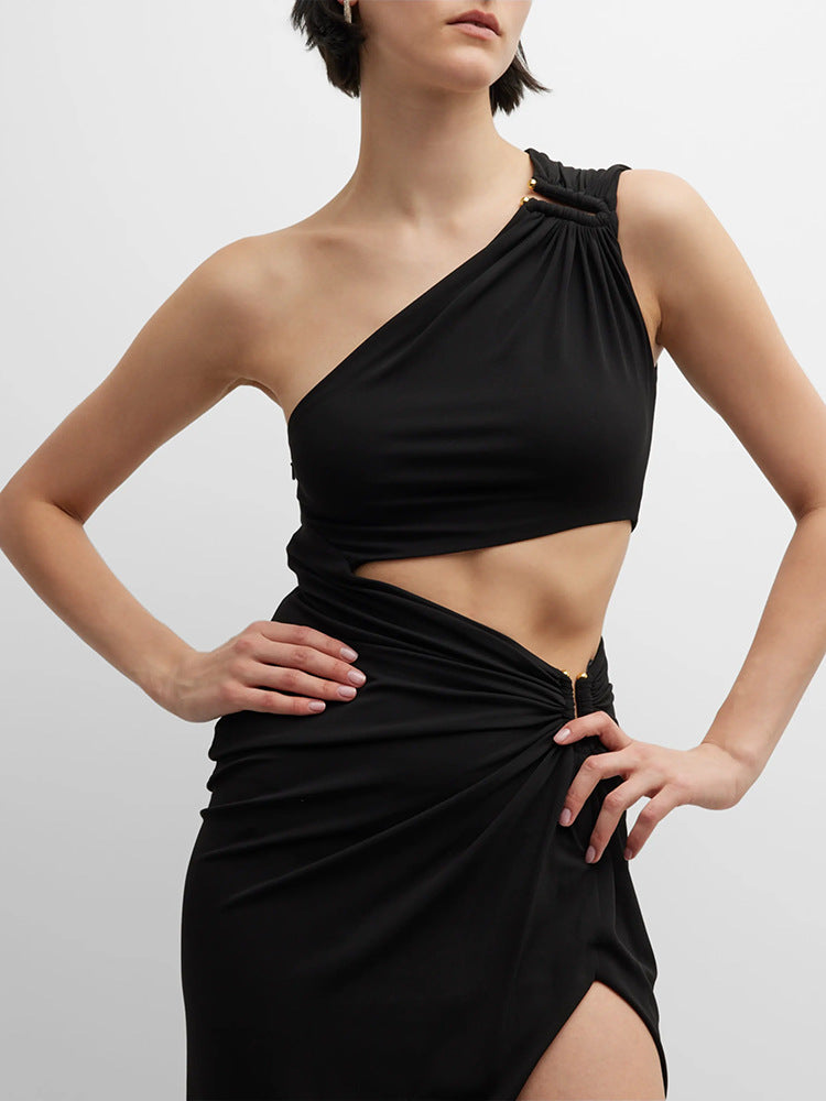 One-Shoulder Black Cut-Out Dress