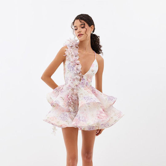 Floral Ruffle Layered Mini Dress with Plunge Neckline