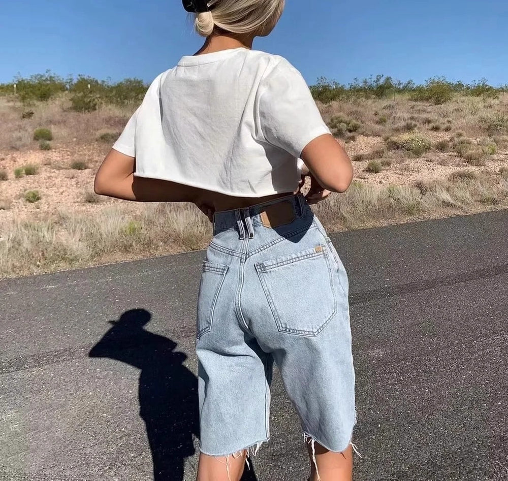 High-Waist Bermuda Denim Shorts