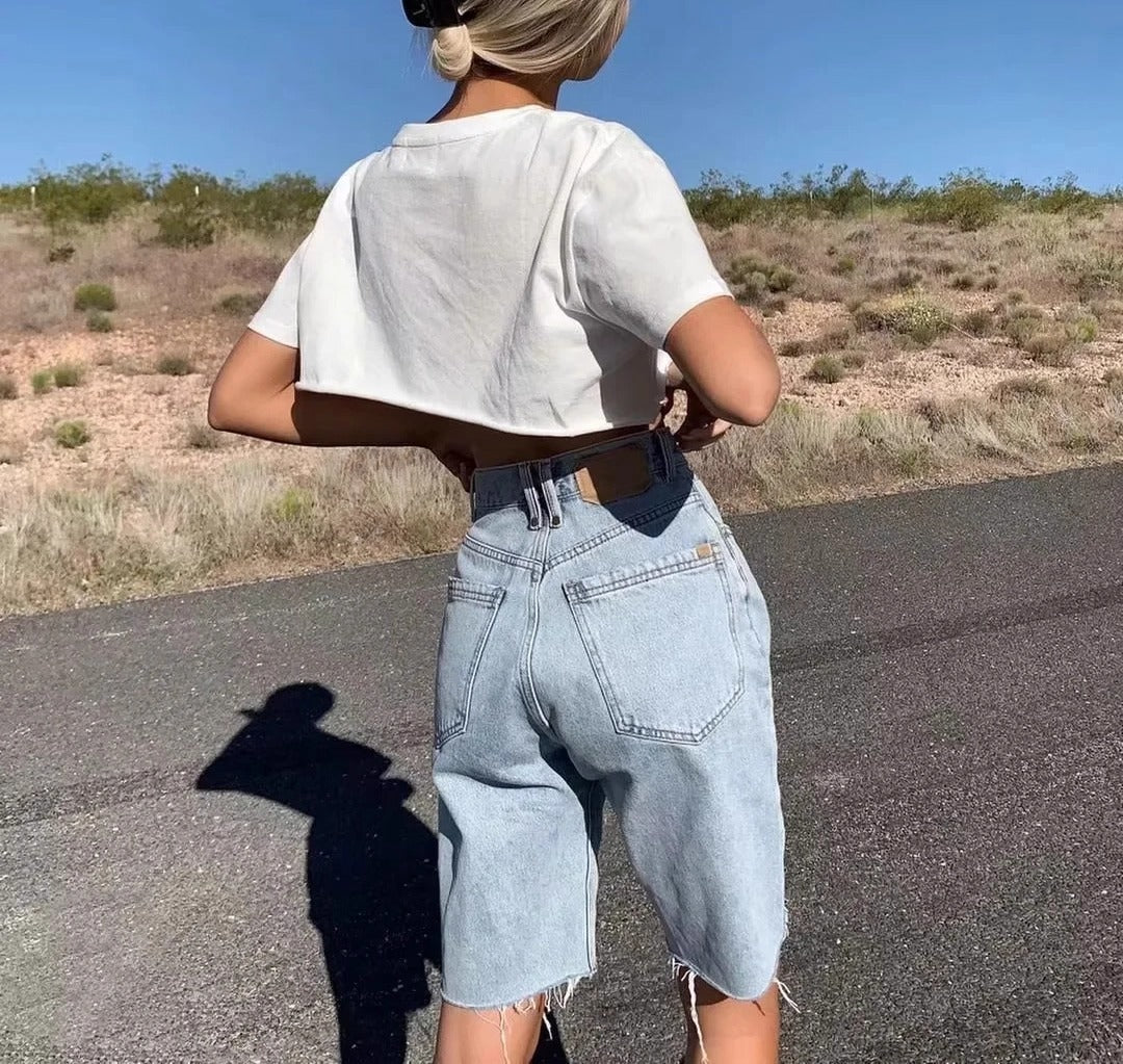 High-Waist Bermuda Denim Shorts