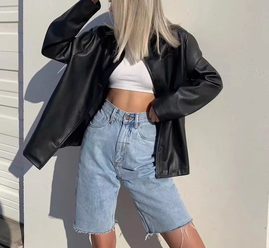 High-Waist Bermuda Denim Shorts